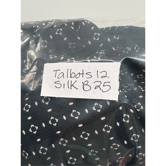 Talbots Silk Top Blouse Women Size 12 Large Black Sheer Geometric Ruffle Collar - Picture 12 of 12